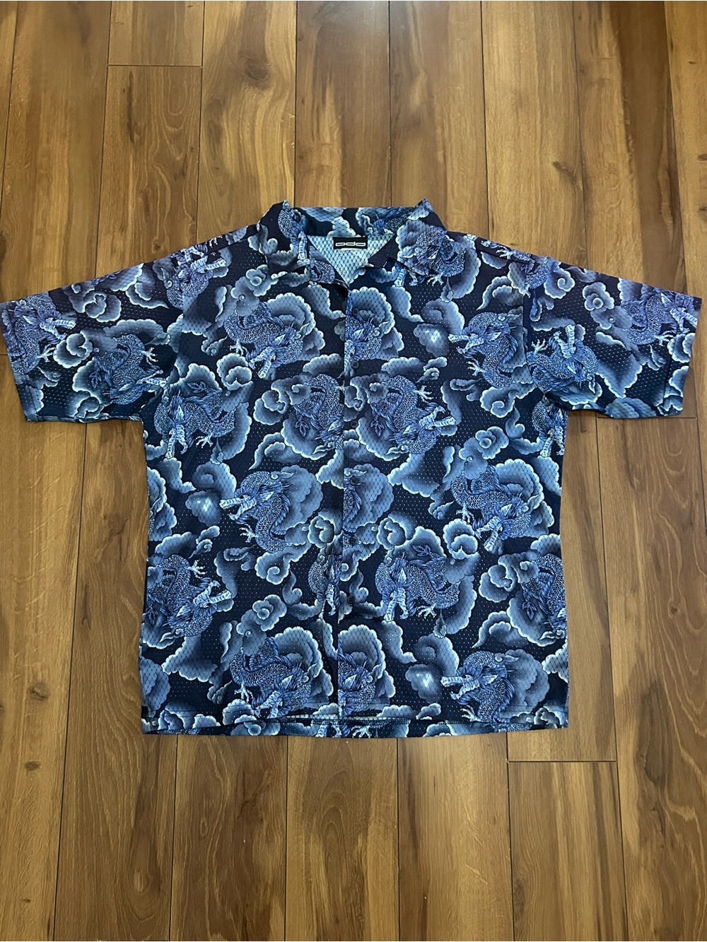 Vintage 90s Odo Button U Mesh p Shirt Purple Dragon Short Sleeve Asian Mens L